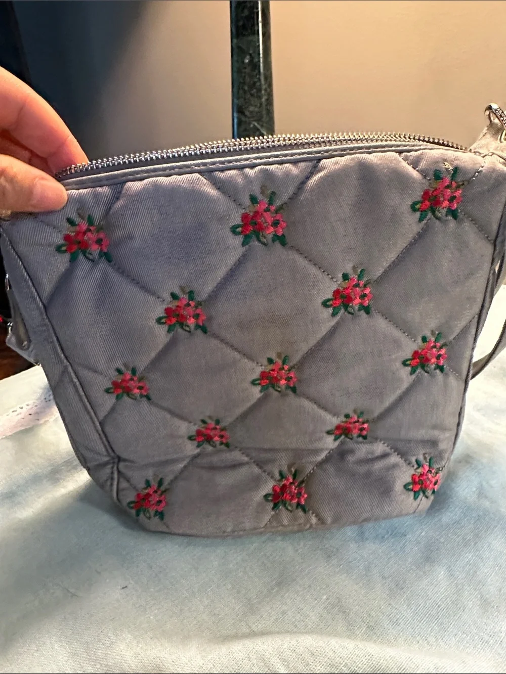 Vera Bradley Quilted Crossbody Bag in Light Gray with Floral Embroidery